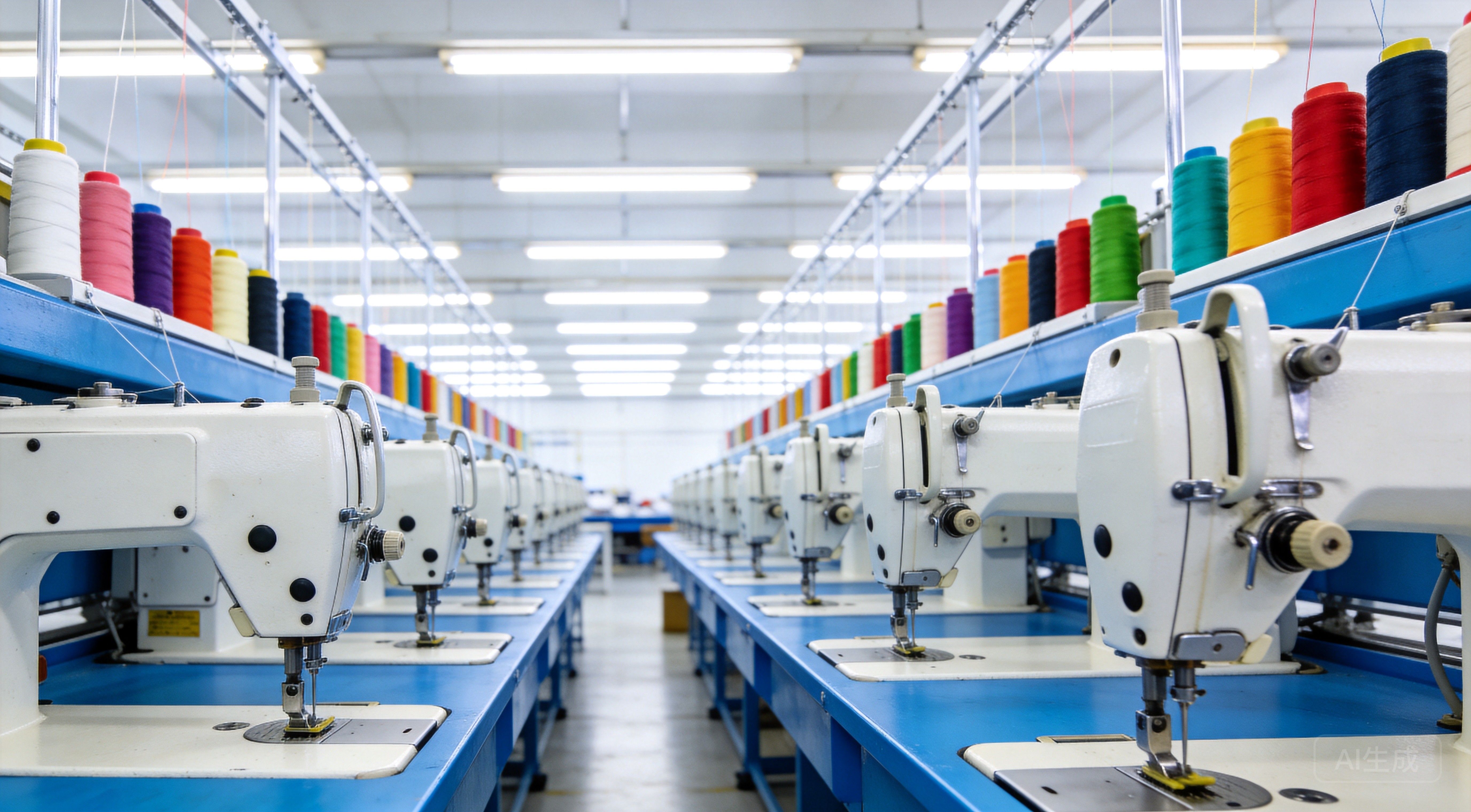 Industrial sewing machines in garment factory